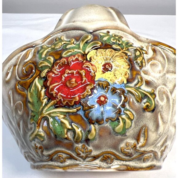 Ceramic Basket With Floral Design & Handle - Handcrafted Home Decor - Picture 2 of 5